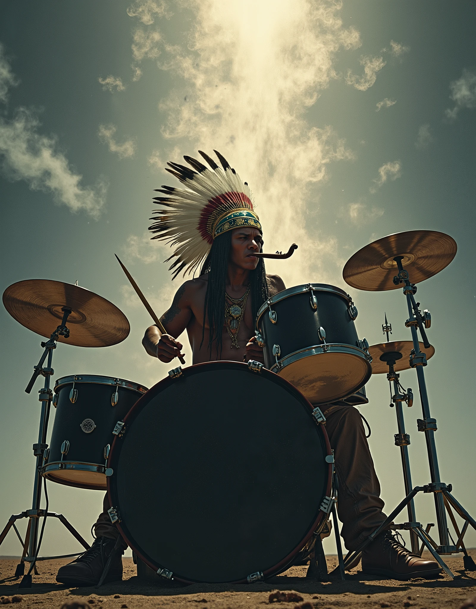 a sullen Indian smokes a peace pipe in a feather headdress plays a big rock drum kit and behind him many human souls fly into the sky, the indian looks straight ahead, drum set black two cymbals and 3 drums