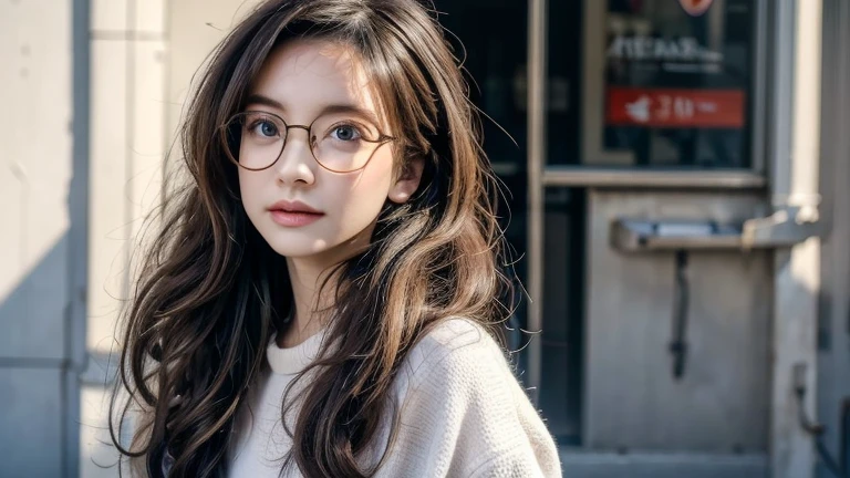 Photo of a beautiful woman standing on a street corner, (masterpiece:1.2, highest quality), (Realistic, photoRealistic:1.4), Beautiful illustrations, (Natural Side Lighting, Cinema Lighting), Written boundary depth, Beautiful thighs staring at the viewer, (((Face Focus, Upper Body))), 1 female, 30-year-old, alone, thin, slender, small breasts!!!, Long Hair, Curly Hair, Forehead, Forehead, Forehead, Forehead, thin, slender, glasses, white sweater, sexy pencil skirt, Are standing, New York 25th Street