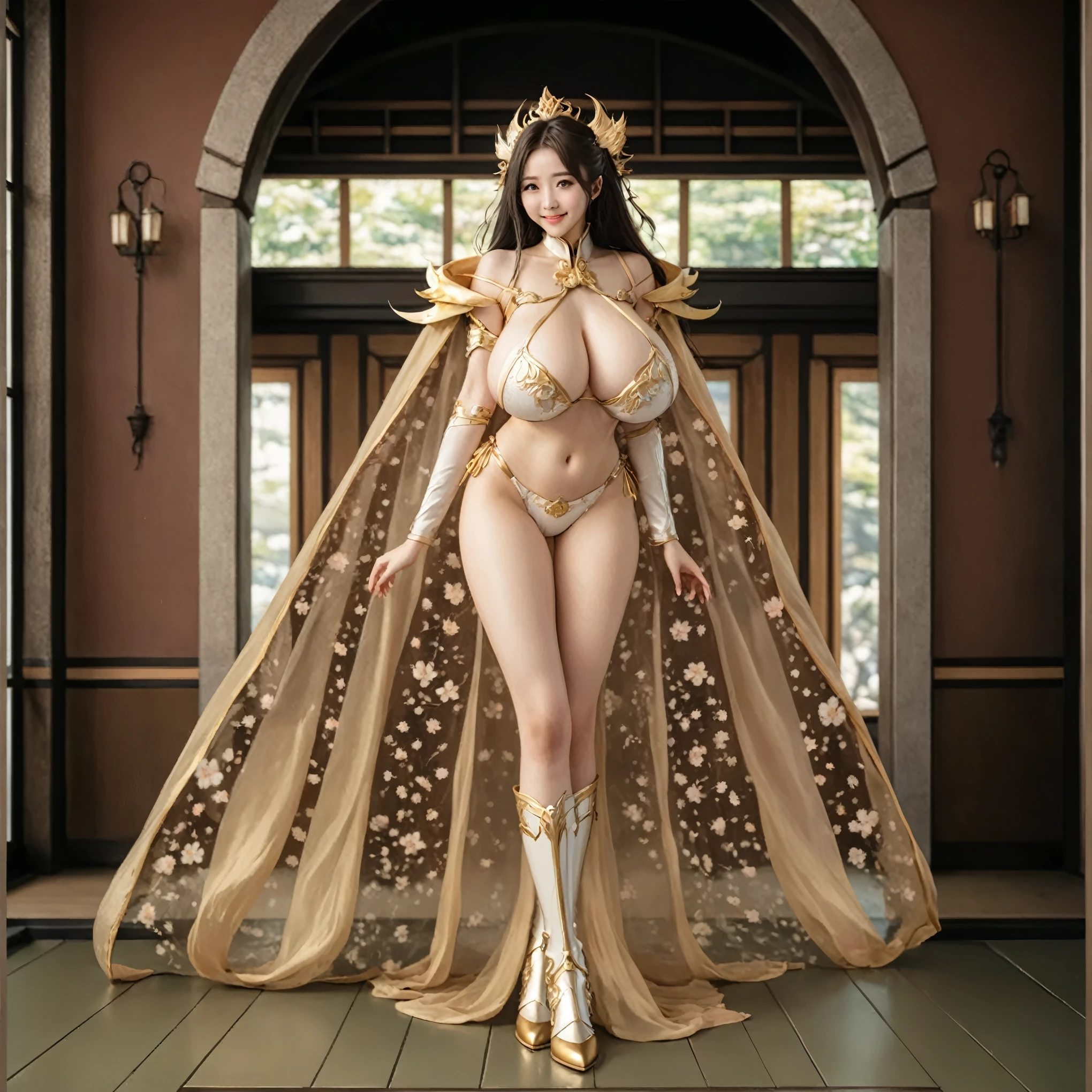 Li Yitong, Long-haired girl，Shy and embarrassed expression, , Light smile,Beautiful fantasy queen, Strong busty princess,  Bikini Armor, Long cloak, metal boots, ((Beautiful fantasy queen)), goddess. Extremely high detail, japanese goddess, anime goddess, Gorgeous role-playing