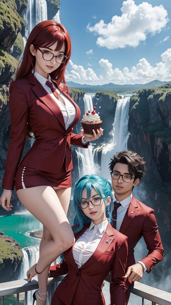 Bulma and Rias Gremory dressed in business suits celebrating their birthday with cakes in a flying building with waterfalls and people around them with glasses celebrating