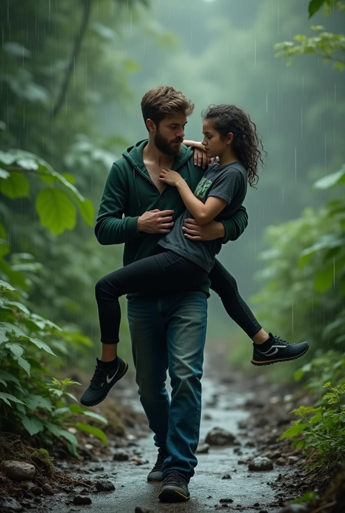 A ager boy who wears a dark green colour hoodie and blue colour denim pant with little beard lifting and carrying a teen girl horizontally who wears a black and white colour t shirt and black pant in his hands realistic in between lots of trees and grasses filled with rain water