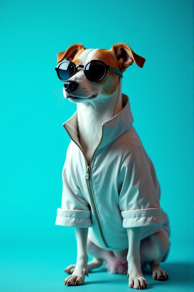 The best cell phone wallpaper, Award-Winning Wallpaper, portrait photography, In the front view is a portrait of a cute dog wearing mid-1960s space age fashion, Side view photo, Shot with Canon EOS R5, Set a strong contrast that accentuates the subject, Fluorescent blue tone, Wearing a very modern coat and sunglasses is a modern 1960s style, Clothes all in one color, beautiful background