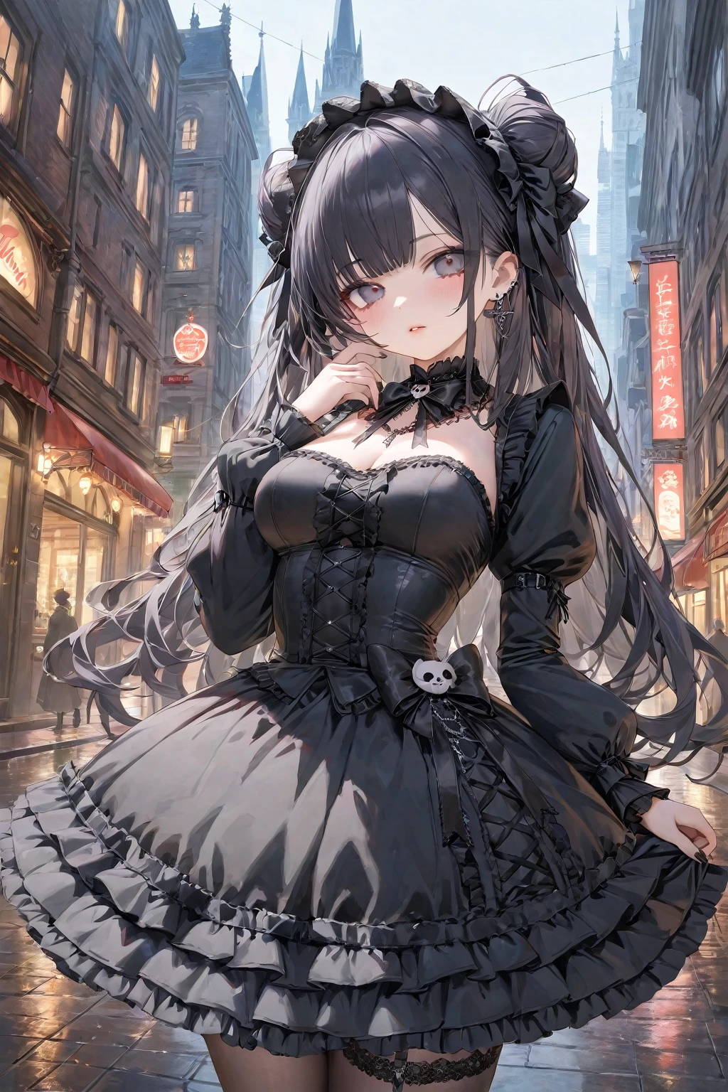 (masterpiece), best quality, highly detailed, absurdres, 1girl, medium breasts, (gothic ****ta:1.2), long hair, city, 