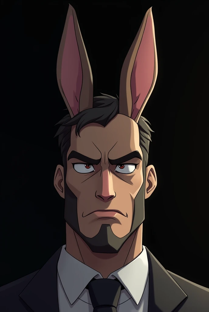 A man with mafia rabbit heads zoomed in close up, and the black background in animation 