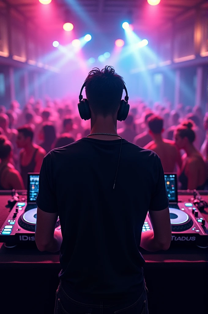 A DJ playing at a dance , the DJ&#39;s back is turned 