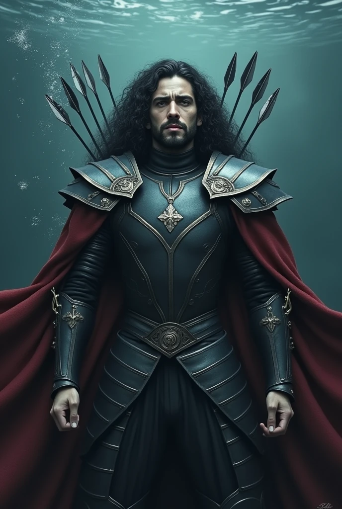 A handsome Aesthetic Targaryen Prince with long curly black hair, he's wearing a royal black armour suit with maroon cloak, he's dead and underwater, arrows on his chest