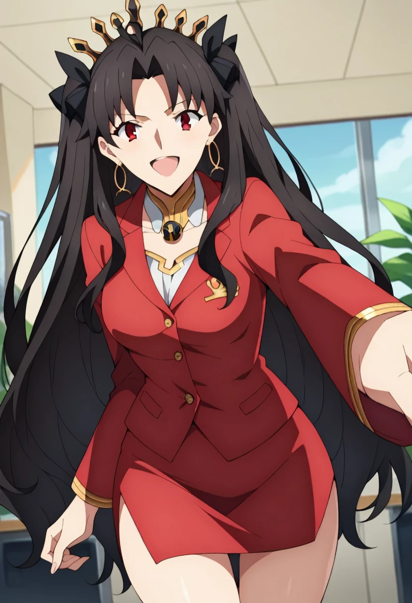 score_9, score_8_up, score_7_up, score_6_up BREAK source_anime, ishtar, long hair, black hair, ribbon, hair ribbon, two side up, red eyes, parted bangs, crown, 1girl, divine goddess body with stunning curves, office lady costume, sentada en una silla, piernas cruzadas, open mouth, smile, wide hips, POV, The background is a office