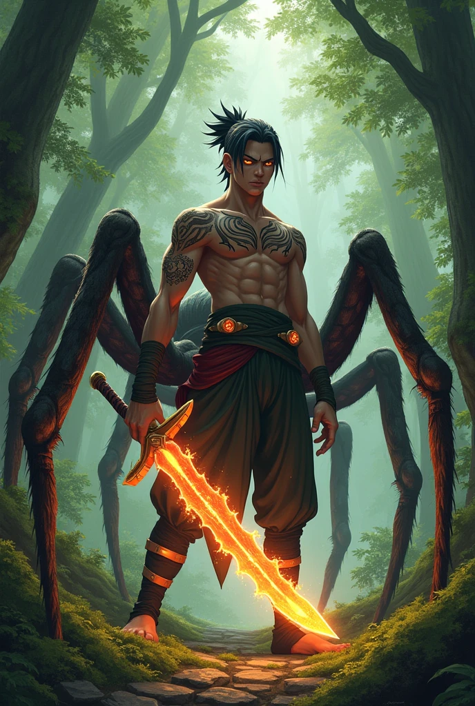 Chinobi from Stone Village with Spider Summoning Transformation with Powers, inside a forest holding a fire chacara sword and several large spiders around him