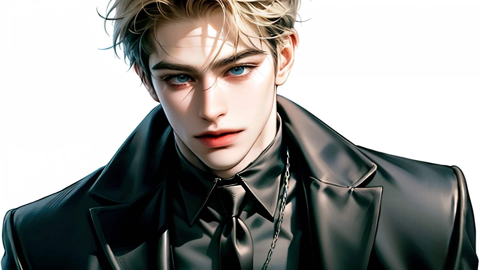 (masterpiece,best quality,ultra_detailed,highres,absurdres),1 mature male, 22-ish, (wide shoulder), (muscular), male focus, solo, light blonde hair, chain, shirt, black necktie, necktie, blue eyes, upper body, short hair, looking at viewer, smile face, parted lips, round eyewear, long sleeves, white shirt, streets background, monocle, jewelry. 