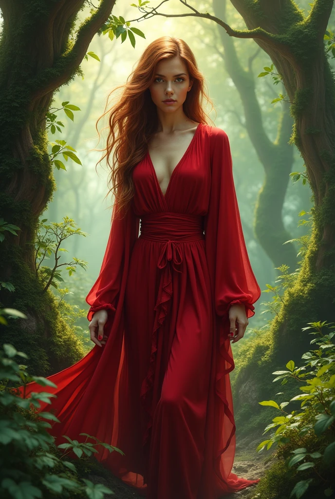images of a middle-aged girl dressed in red emerging from an enchanted forest



