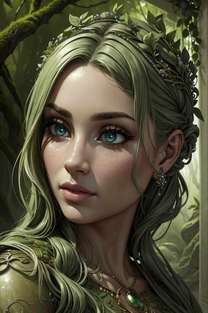 a gorgeous woman made of stone and moss, beautiful detailed eyes, beautiful detailed lips, extremely detailed face, long eyelashes, intricate stone texture, moss covered skin, detailed stone sculpture, natural environment, lush greenery, overgrown plants, atmospheric lighting, dramatic chiaroscuro, moody and melancholic, muted color palette, earthy tones, (best quality,4k,8k,highres,masterpiece:1.2),ultra-detailed,(realistic,photorealistic,photo-realistic:1.37)