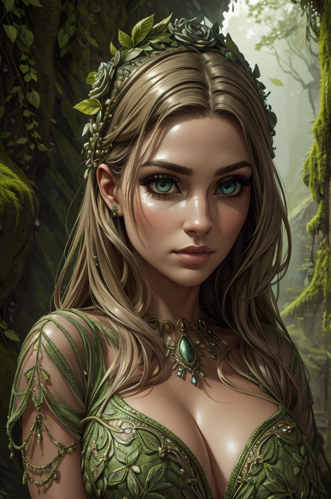 a gorgeous woman made of stone and moss, beautiful detailed eyes, beautiful detailed lips, extremely detailed face, long eyelashes, intricate stone texture, moss covered skin, detailed stone sculpture, natural environment, lush greenery, overgrown plants, atmospheric lighting, dramatic chiaroscuro, moody and melancholic, muted color palette, earthy tones, (best quality,4k,8k,highres,masterpiece:1.2),ultra-detailed,(realistic,photorealistic,photo-realistic:1.37)