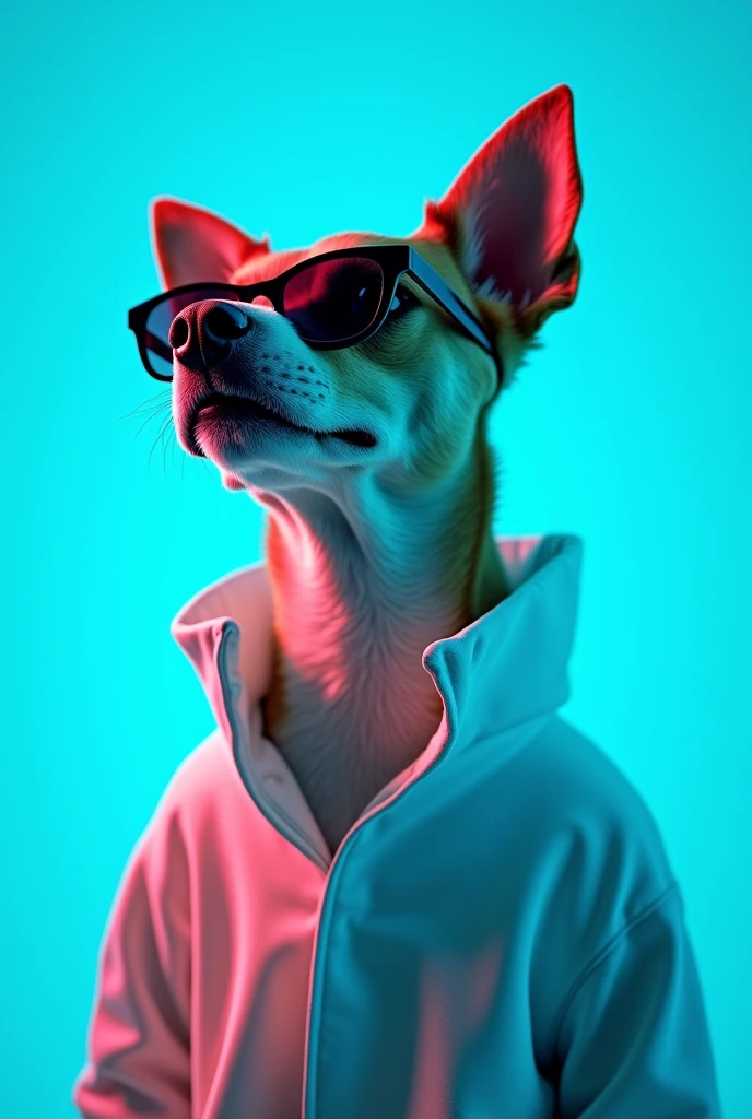The best cell phone wallpaper, Award-Winning Wallpaper, portrait photography, In the front view is a portrait of a cute dog wearing mid-1960s space age fashion, Side view photo, Shot with Canon EOS R5, Set a strong contrast that accentuates the subject, Fluorescent blue tone, Wearing a very modern coat and sunglasses is a modern 1960s style, Clothes all in one color, beautiful background