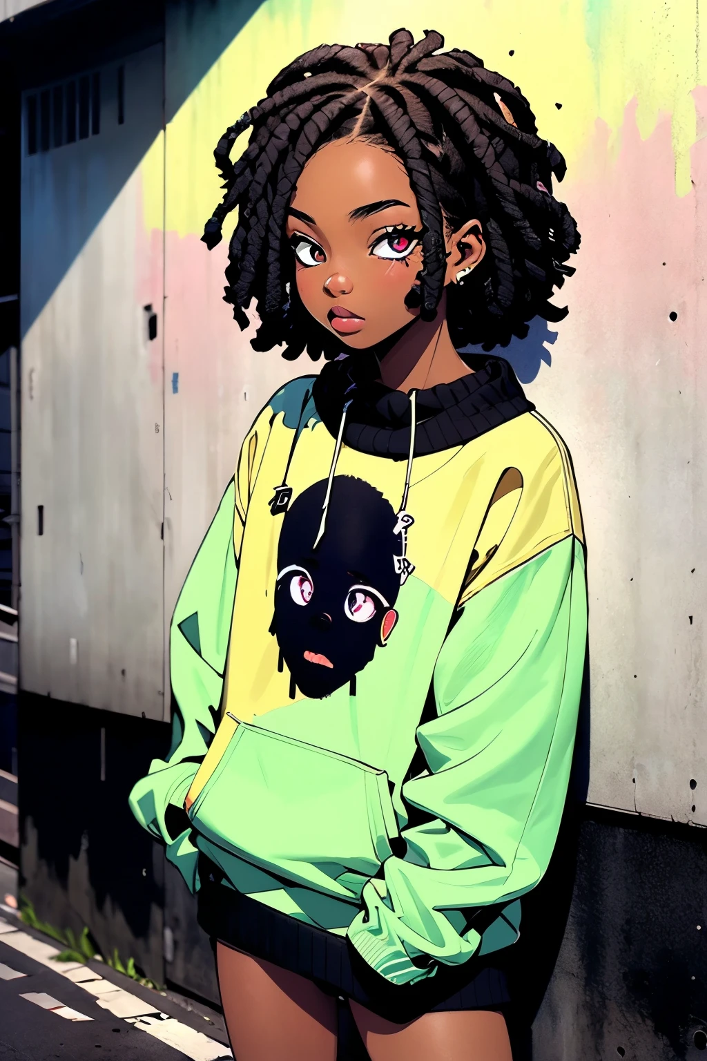 black boy, sweater, beautiful detailed eyes, stylish haircut, urban environment, swirly vibrant colors, streetart, graffit, Pose legal, natural lighting, realisitic, modern art style, high resolution, rich texture, youthful energy. (pastel colors)