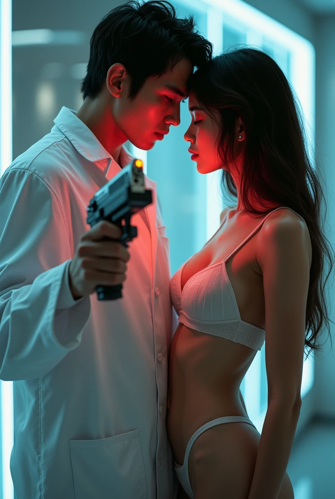 A sexy japanese scientist shoots a sexywhite girl with a laser gun