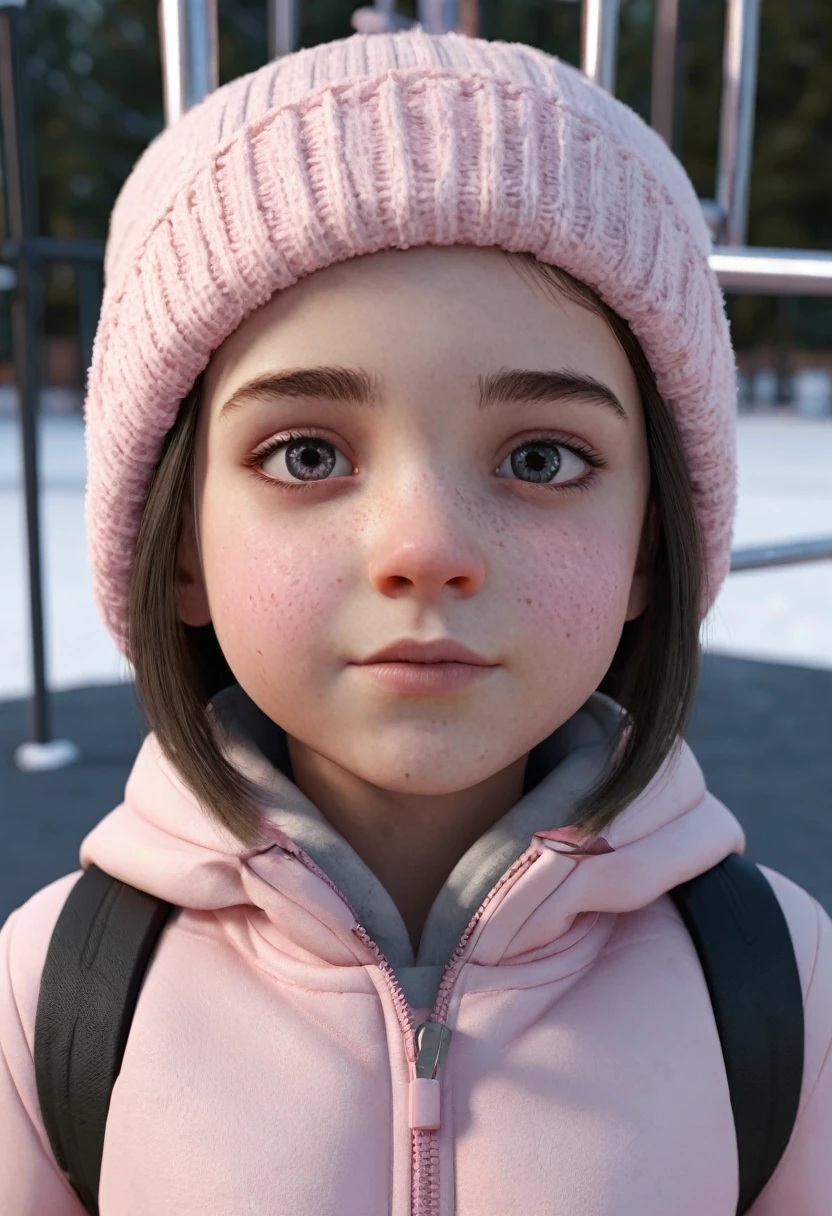 Teeb girl, cute, blush pink in the face,winter skin, , small feet, small legs, small arms, eyes black, realist, cgi, ultra resolução 24k,  girl old idade 10 anos, full body, teen in playground 