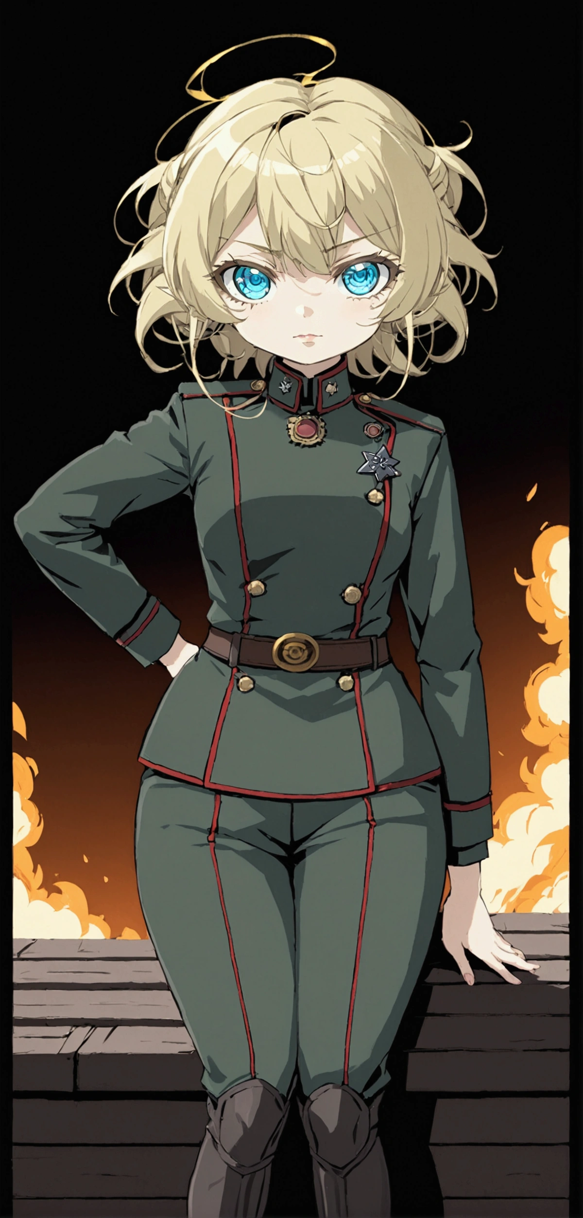 A beautiful anime girl wearing a  military uniform, sit on wood box drink coffee behind warehouse burning in the night, 90 photo color tones, detailed face and eyes, masterpiece, highly detailed, photorealistic, cinematic lighting, dramatic shadows, vibrant colors, intricate details, elegant pose, stoic expression