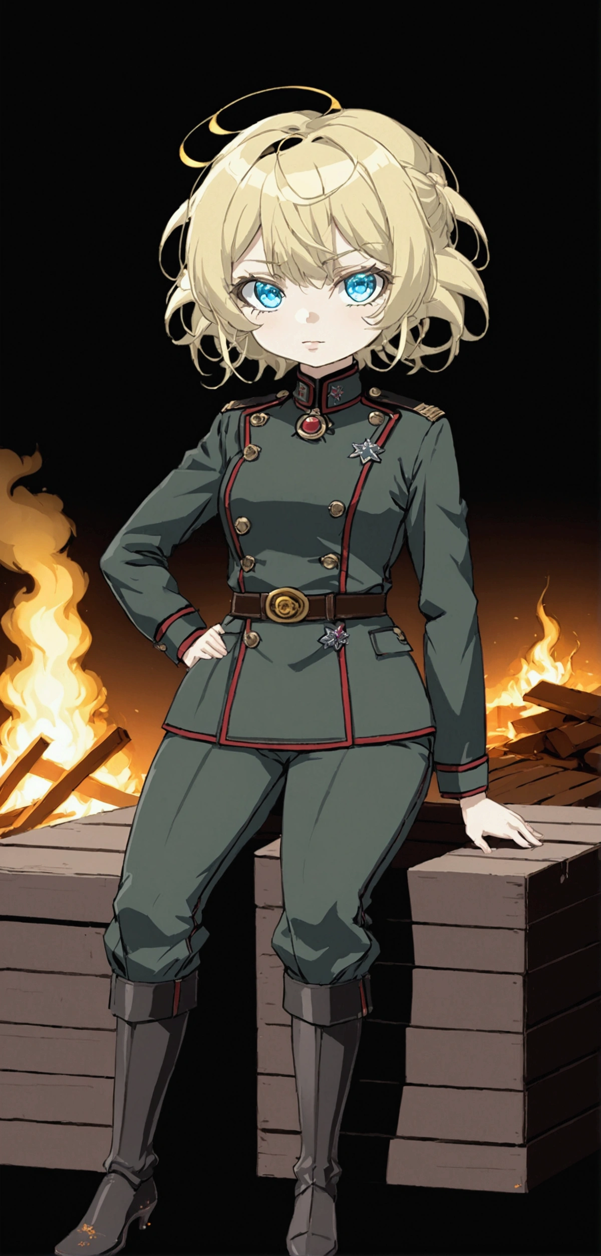 A beautiful anime girl wearing a  military uniform, sit on wood box drink coffee behind warehouse burning in the night, 90 photo color tones, detailed face and eyes, masterpiece, highly detailed, photorealistic, cinematic lighting, dramatic shadows, vibrant colors, intricate details, elegant pose, stoic expression