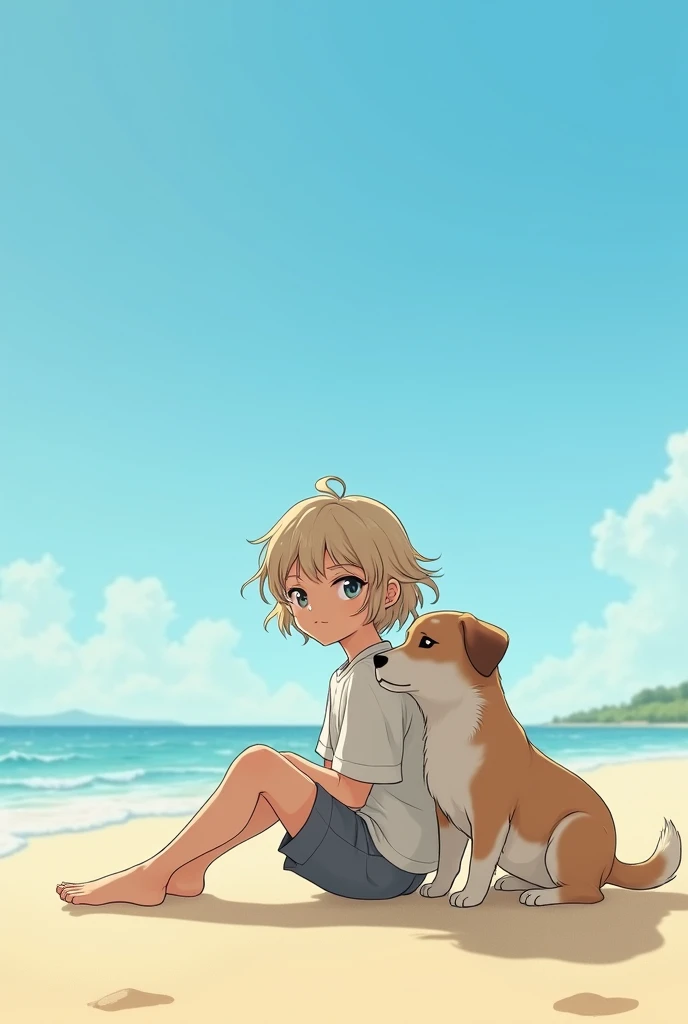Peautiful boy long hair small with dog on sea on sand under blue sky