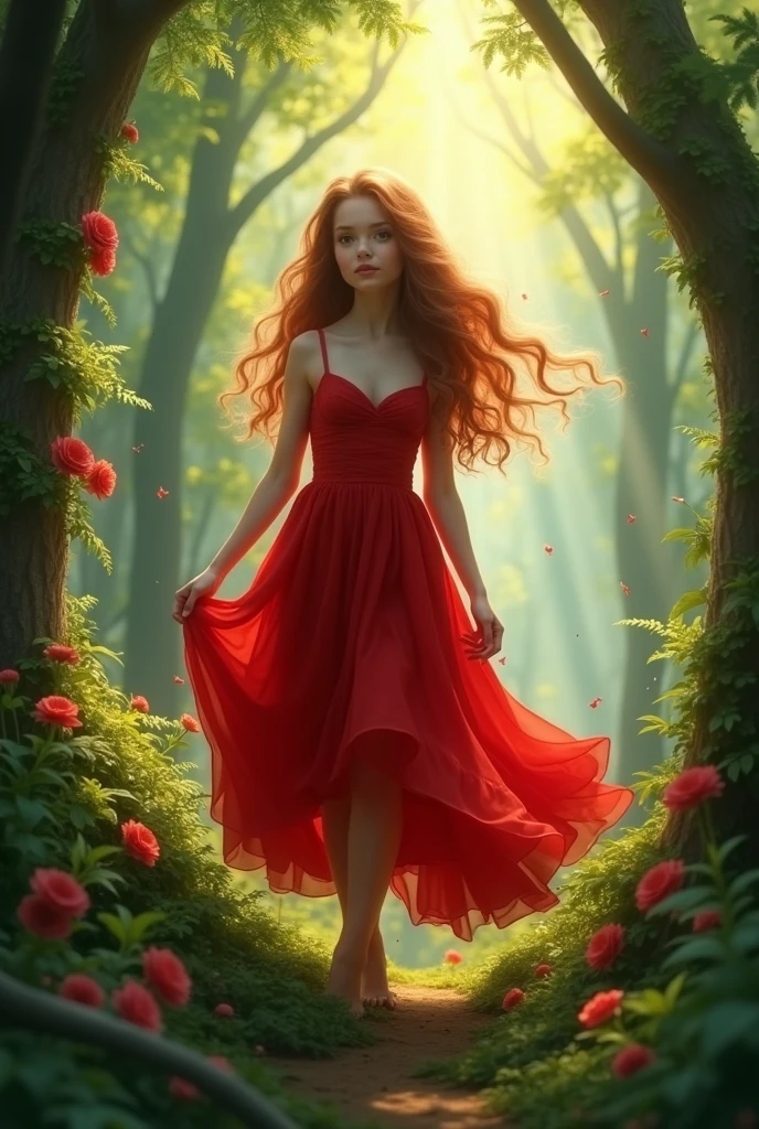 Images of a girl dressed in red coming out of an enchanted forest