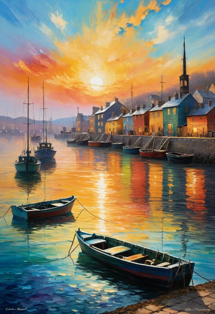 Claude Monet style, Claude Monet and William Turner, A colorful sunrise over a quiet fishing port, Golden Hour, Impressionism, Visible handwriting, neo-Impressionism expressionist style oil painting, 滑らかなポストImpressionismの厚塗りアクリル画, Thick layers of colorful textured paint