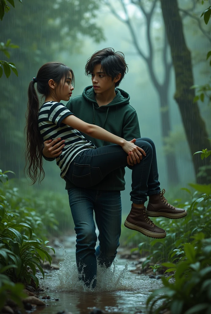 A 19 years old boy who wears a dark green colour hoodie and blue colour denim pant with little beard lifting and carrying a 19 years old girl horizontally who wears a black and white colour horizontal line t shirt and black pant in his hands realistic in between lots of trees and grasses filled with rain water 