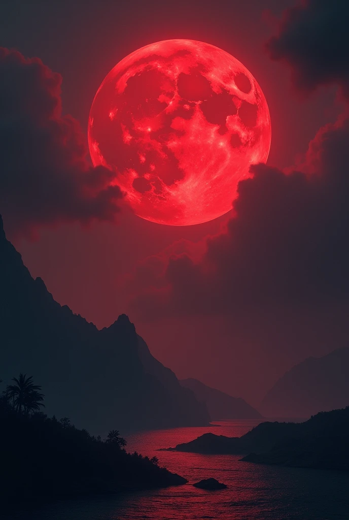 Dark night sky with full red moon in landscape shot