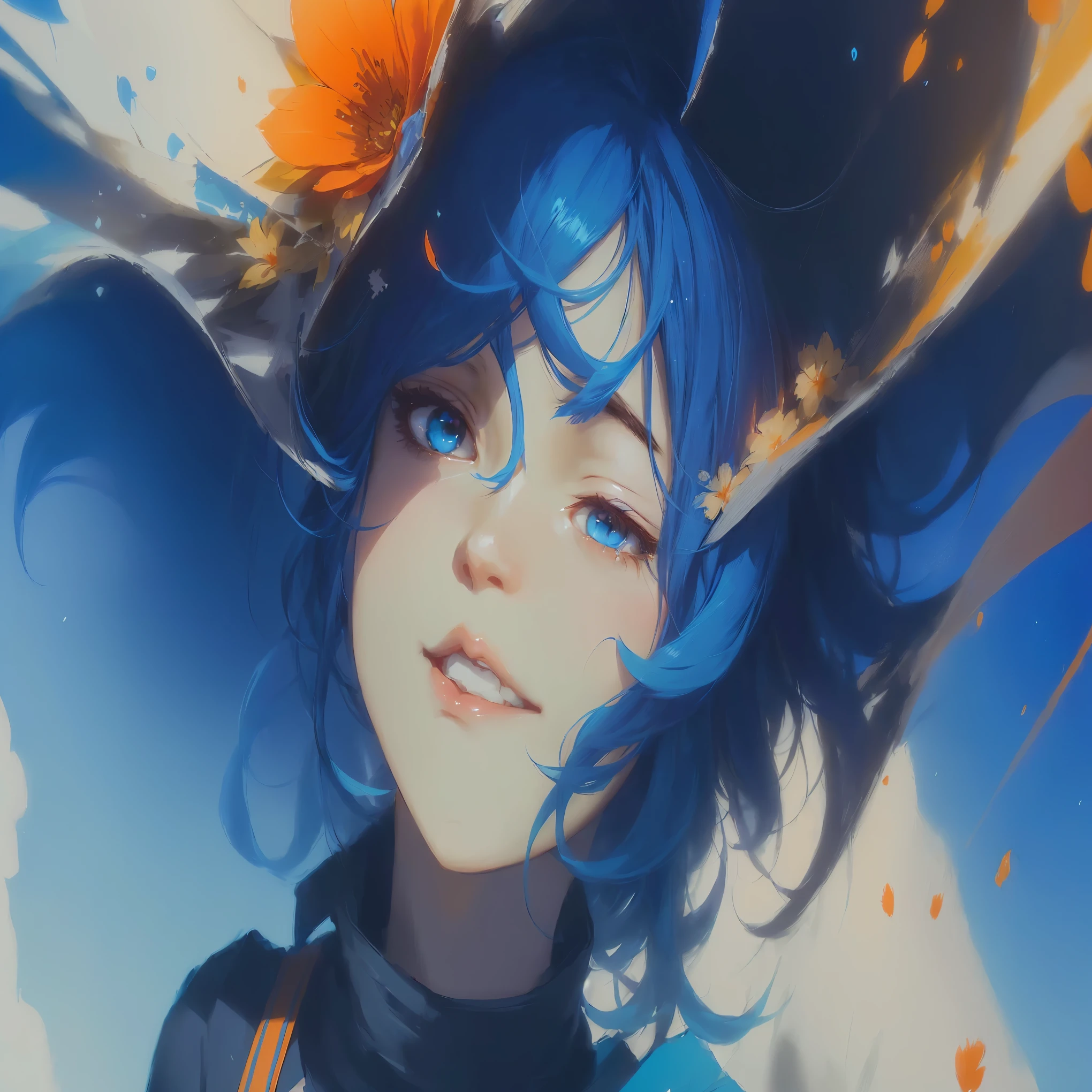 An anime girl with blue hair and an orange flower in her hair., artgerm and atey ghailan, Beautiful anime face images, beautiful anime pictures, Ilya Kuvchinov. 4 ก, artwork in the style of Gouvice, anime style 4 ก, A very detailed RTM pathogen., Gouvice, anime style. 8ก, Anime Space Cadet Portrait
