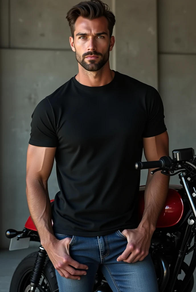 Front view handsome man in plain black cotton t-shirt leaning against a motorbike