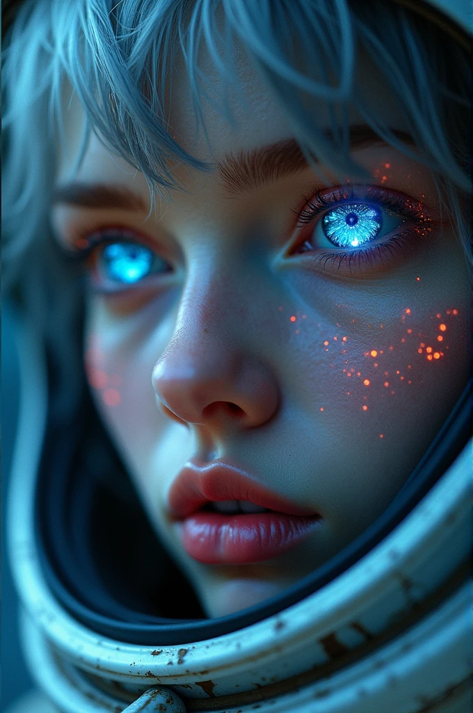 (Close-up of a better masterpiece:1.5)0.9], (Space and astronauts:1.2) (Messy silver hair:1.1) (Heterochromia xanthochromia and blue eyes:1.2) (Space Helmet:1.0) (Colored stars in the eyes:1.0) (A radiant glow:1.1) (thick lips:0.9)