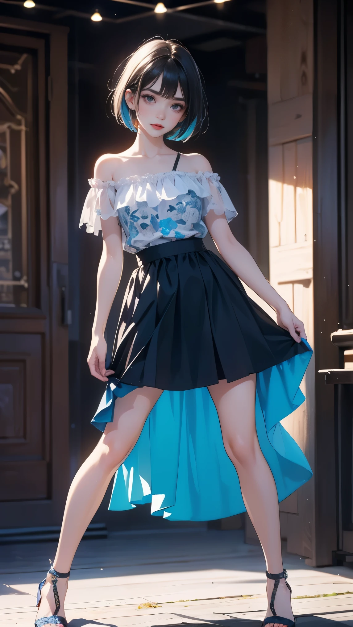 (Center of chest, Tomboy,)),, (Perfect body ), Illustration of a girl with black bob hair,She has straight, shiny black hair、short bobcut hair style。 、A woman in a grey top and blue skirt poses for a photo, Full body cute young woman, Slim photos, Narrow waist, Long skirt, with a Narrow waist, Wearing a tank top and skirt, Narrow waistと太いヒップ、 (Torn clothes:1.3)((Very detailed CG 8k 壁紙), (Very delicate and beautiful), (masterpiece), (Highest quality:1.0), (ultra High resolution:1.0), Beautiful lighting ,Perfect Lightning, Realistic Shadows, [High resolution], Detailed skin, Very detailed (((colorful))),High Reality, ,(masterpiece, Highest quality, Highest quality, Official Art, beautifully、aesthetic:1.2),One person, tattoo, alone
