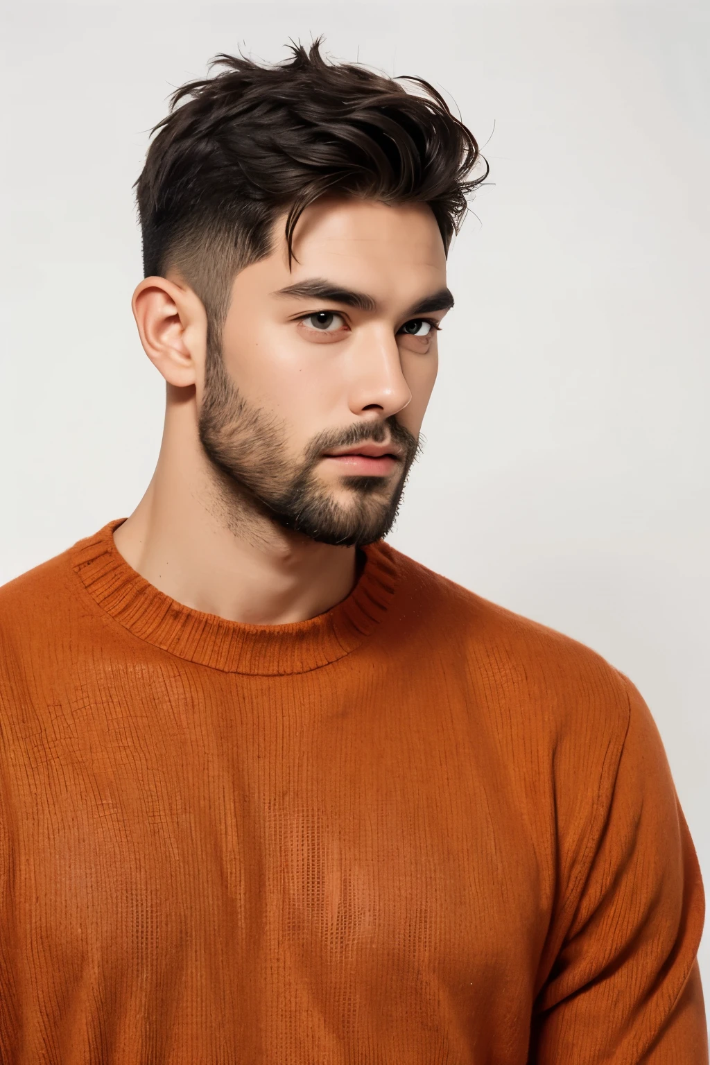 handsome male,beard,upper body portrait,orange sweater,white background,