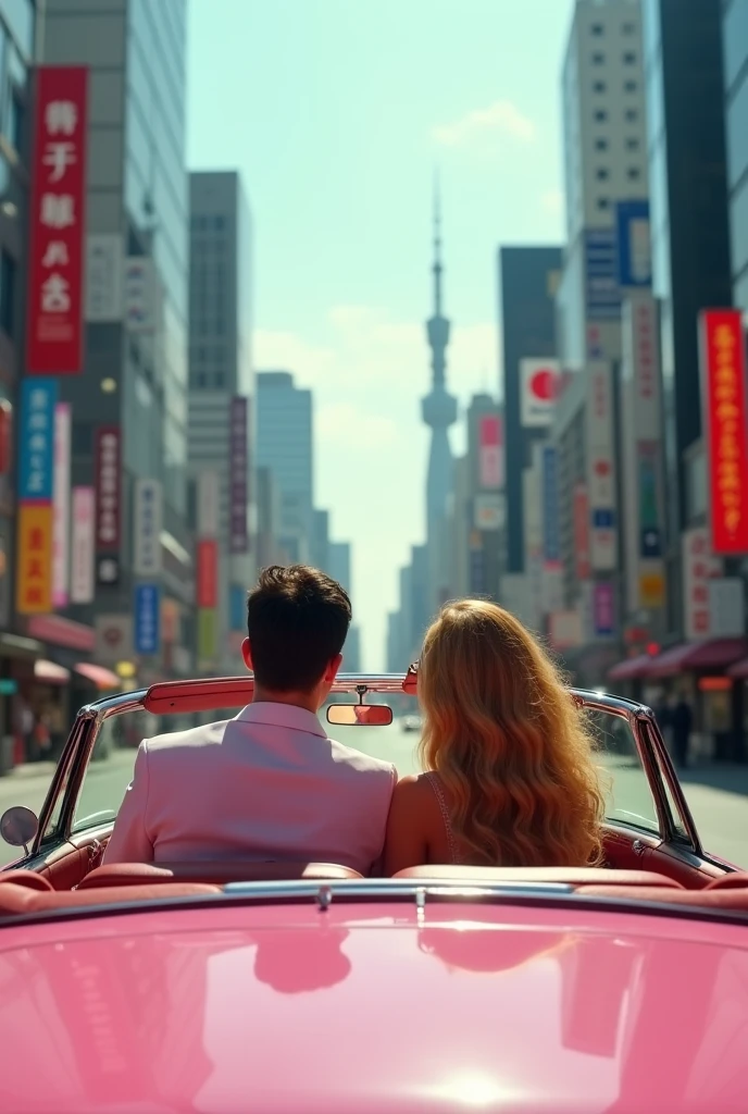 Perfect taller and handsome man with short straight dark hair drive pink convertible expansive car with perfect beautiful so long beautiful curly blonde hair girl sit beside him in the convertible expansive car driving around the big town view picture with big view of them at big town in Tokyo