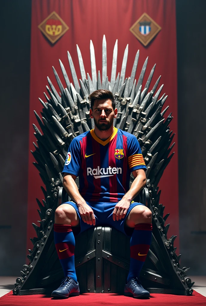 Make a picture of Messi in his Barcelona uniform sitting on the Iron Throne
