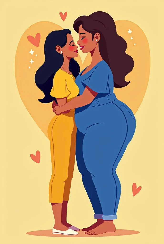 Young black lesbian women couple. A thin woman in yellow clothes and a fat woman in royal blue clothes cartoon