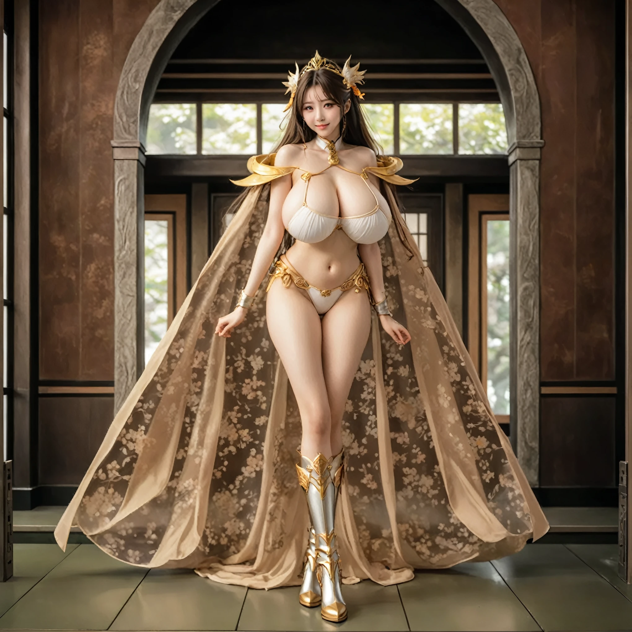 Li Yitong, Long-haired girl，Shy and embarrassed expression, , Light smile,Beautiful fantasy queen, Strong busty princess,  Bikini Armor, Long cloak, metal boots, ((Beautiful fantasy queen)), goddess. Extremely high detail, japanese goddess, anime goddess, Gorgeous role-playing