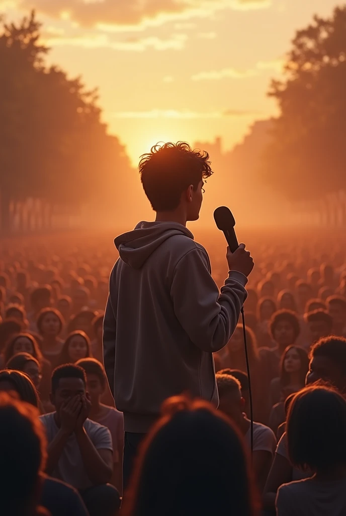 A 17-year-old boy will give a speech inside a huge movement with a mouth pitch in his hand. Make a pic like this?