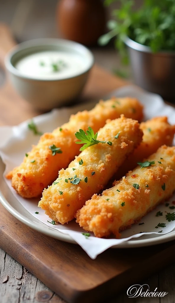 Create a Pinterest-style image featuring a plate of crispy Baked Fish Sticks arranged neatly on a wooden cutting board. The fish sticks should look golden-brown and delicious, with a small bowl of tartar sauce on the side. Add a background that resembles a rustic kitchen setting with soft natural lighting. At the top of the image, place the text 'Baked Fish Sticks Recipe' in a clean, bold font that contrasts well with the background. In the bottom right corner, include a subtle watermark with the text 'Delicious Menu' in a smaller, elegant font.