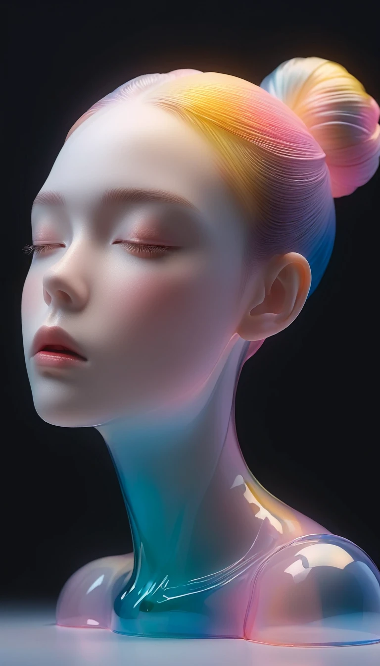 3D portrait sculptures are placed on the central stand，simple，Minimalism，beautiful girl，Soft and elegant colors，Colored glass transparent，Dark background，Luminescence