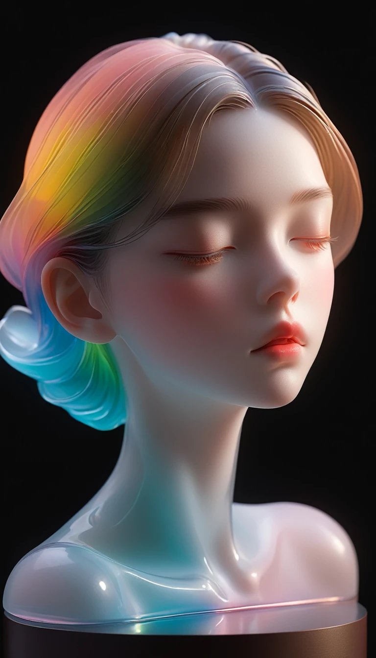 3D portrait sculptures are placed on the central stand,simple,Minimalism,beautiful girl,Soft and elegant colors,Colored glass transparent,Dark background,Luminescence