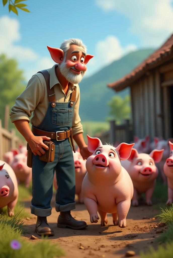Human farmer with normal ears, about 70 years old, in front of the pig pen choosing a pig that was flirting in the middle of all the pixar style 