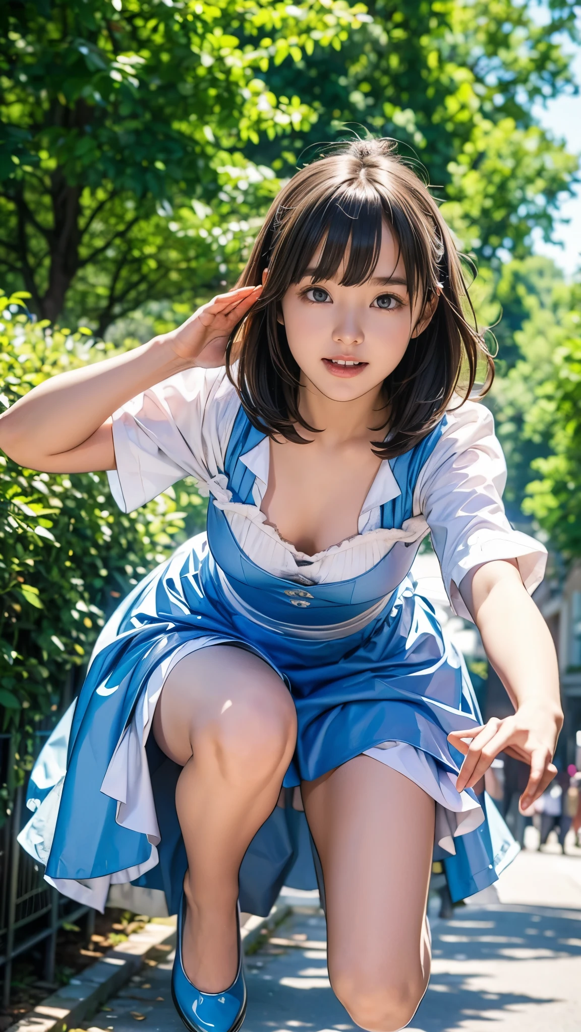 13 year old nerd girl、(Having a blast dressed up as Alice in Wonderland)、Droopy eyes:1.4、Big round eyes、Joy、Active pose、(Raise your arms and jump)、Very thin thighs、Outdoors