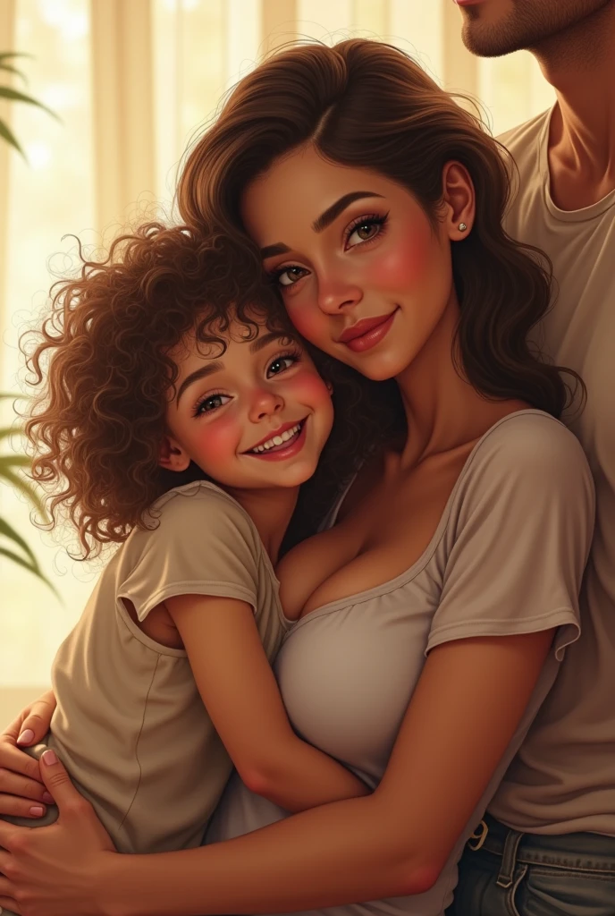 Young girl with her mother, beautiful smile, curvy hourglass body,big breast, muscular dad