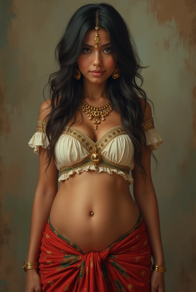 (photorealism:1.2), Indian women, age 35, big pusssy, skirt and blouse, sexy belly