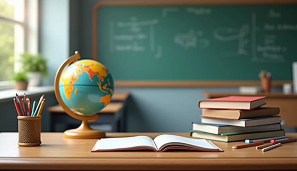 Back to School themed background with a neatly organized desk, stacked books, globe and pencil holder on a soft blurred classroom background. Best Quality, Masterpiece, Ultra High Definition,