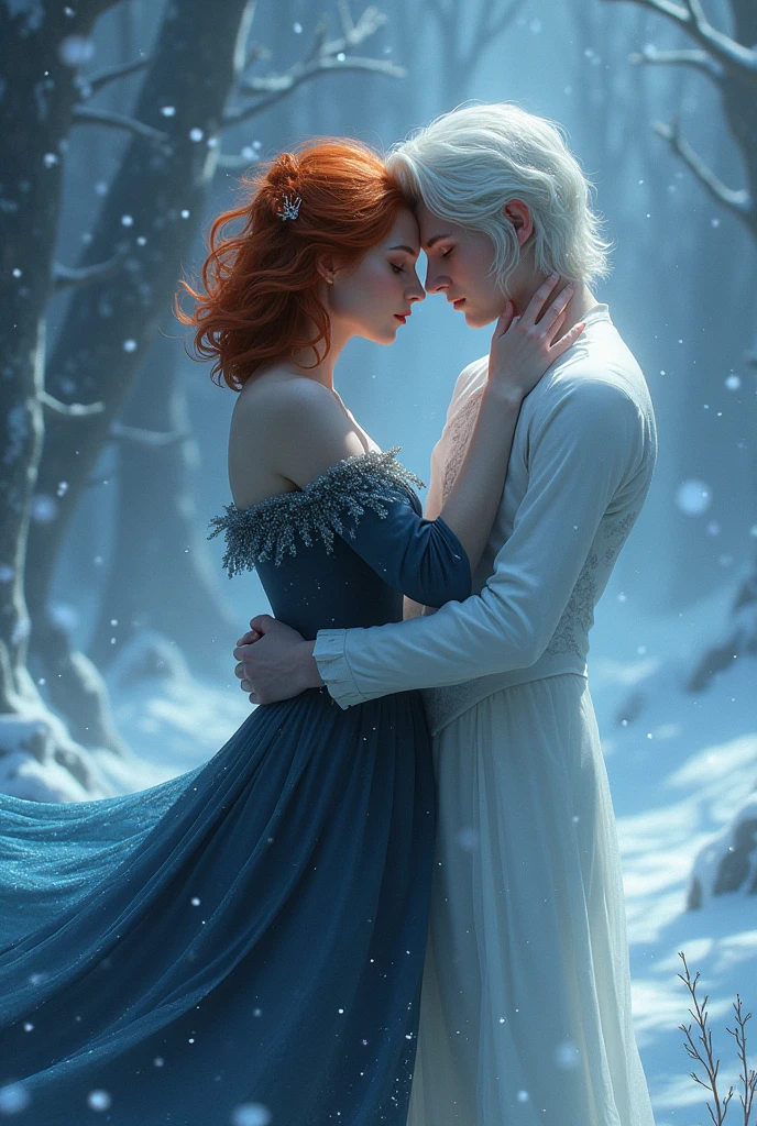 Redhead witch princess with short black hair ice prince hugging each other.
