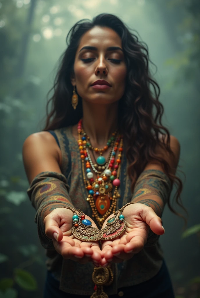 make a woman holding her colorful umbanda protection necklaces