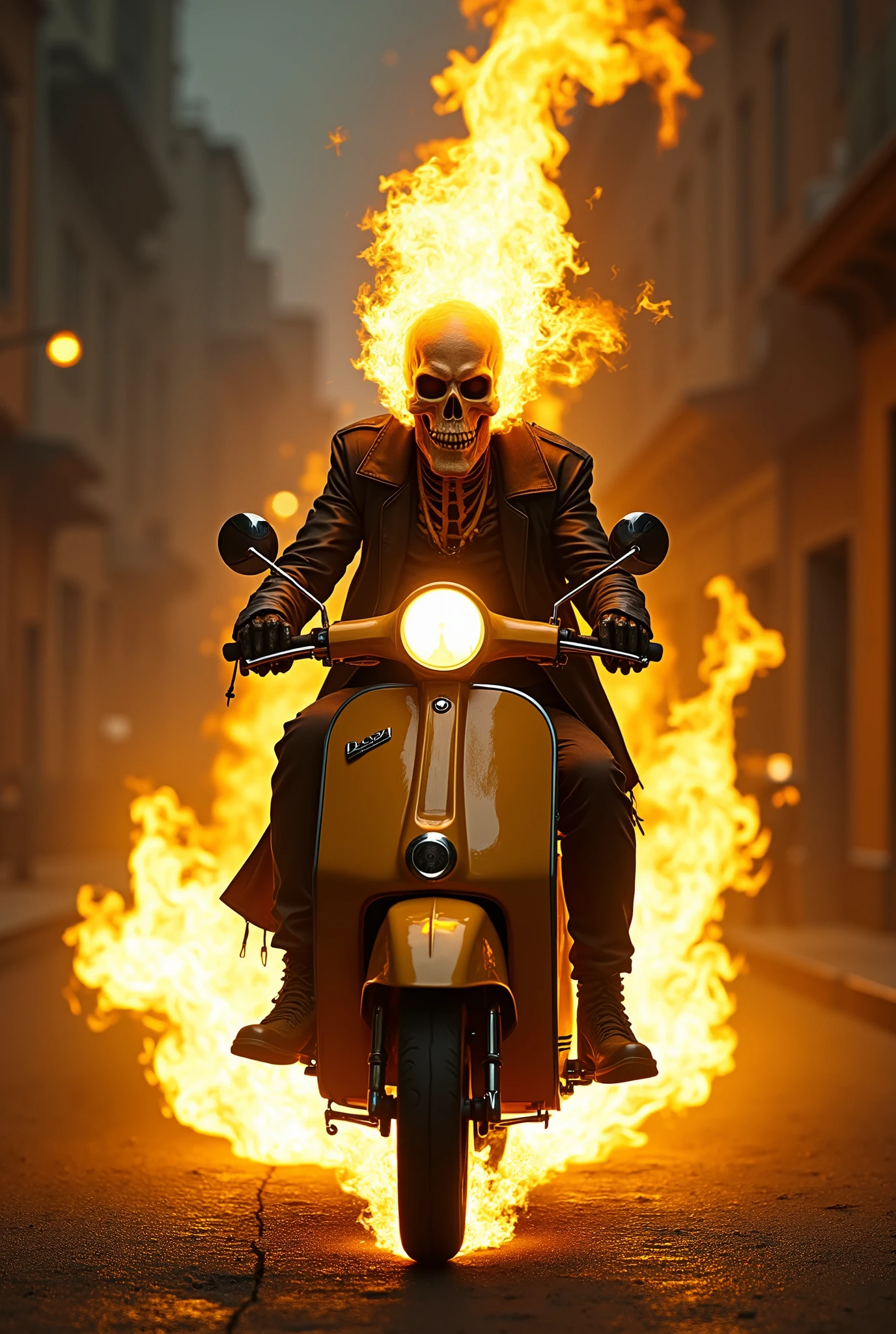 ghost rider riding a scooter, yellow fire