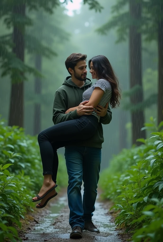 A 19 years old boy who wears a dark green colour hoodie and blue colour denim pant with little bit of beard lifting and carrying a 19 years old girl horizontally who wears a black and white colour horizontal line t shirt and black pant in his hands realistic in between lots of trees and grasses filled with rain water