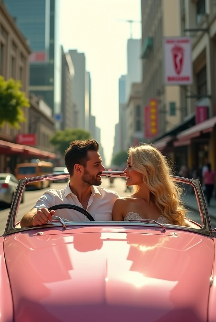 Perfect taller and handsome tall European man with short straight dark hair drive pink convertible expansive car with perfect beautiful so long beautiful curly blonde hair girl sit beside him in the convertible expansive car driving around the big town view picture with big view of them at big town in Bangkok city Thailand view